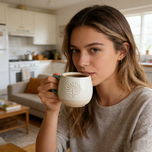 🌿 “Artisan Hand-Carved Palm Mug” – 12 Hours Precision Craft | Embossed Leaf Texture × Glazed Stoneware × Wavy Sage Handle ☕✨
