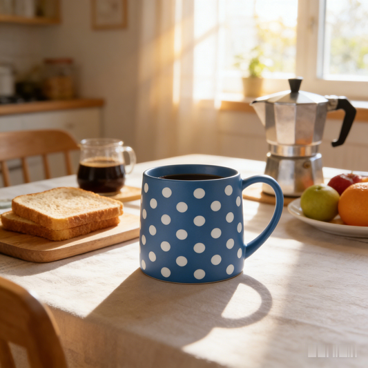 🔵 “Midnight Polka-Dot Cozy Mug” – 8 Hours Hand-Painted | Deep Indigo Matte Finish × Crisp White Dots × Minimalist Porcelain 👓📚