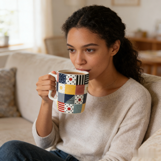 🧱 “Eclectic Bauhaus Patchwork Mug” – 18 Hours Intricate Painting | Geometric Primary Colors × Heart-Shaped Handle × Modernist Ceramic Art 🌈✨