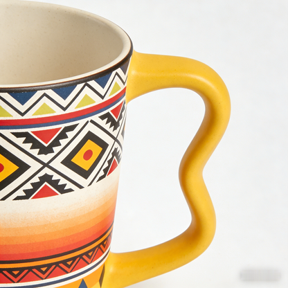 ☀️ “Bohemian Sunset Tribal Mug” – 16 Hours Artisan Stamping | Ethnic Pattern Lattice × Warm Amber Gradients × Ergonomic Yellow Handle 🏜️✨