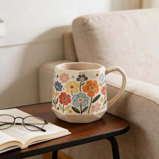 🌸 “Faceted Wildflower Bloom Mug” – 14 Hours Hand-Illustration | Geometric Body × Vibrant Floral Glaze × Natural Cream Porcelain 🌼🎨