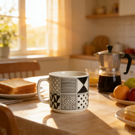 🏁 “Abstract Monochrome Grid Mug” – 10 Hours Graphic Precision | Black & White Optical Patterns × Minimalist Silhouette × Fine Bone China Finish 🥛✨