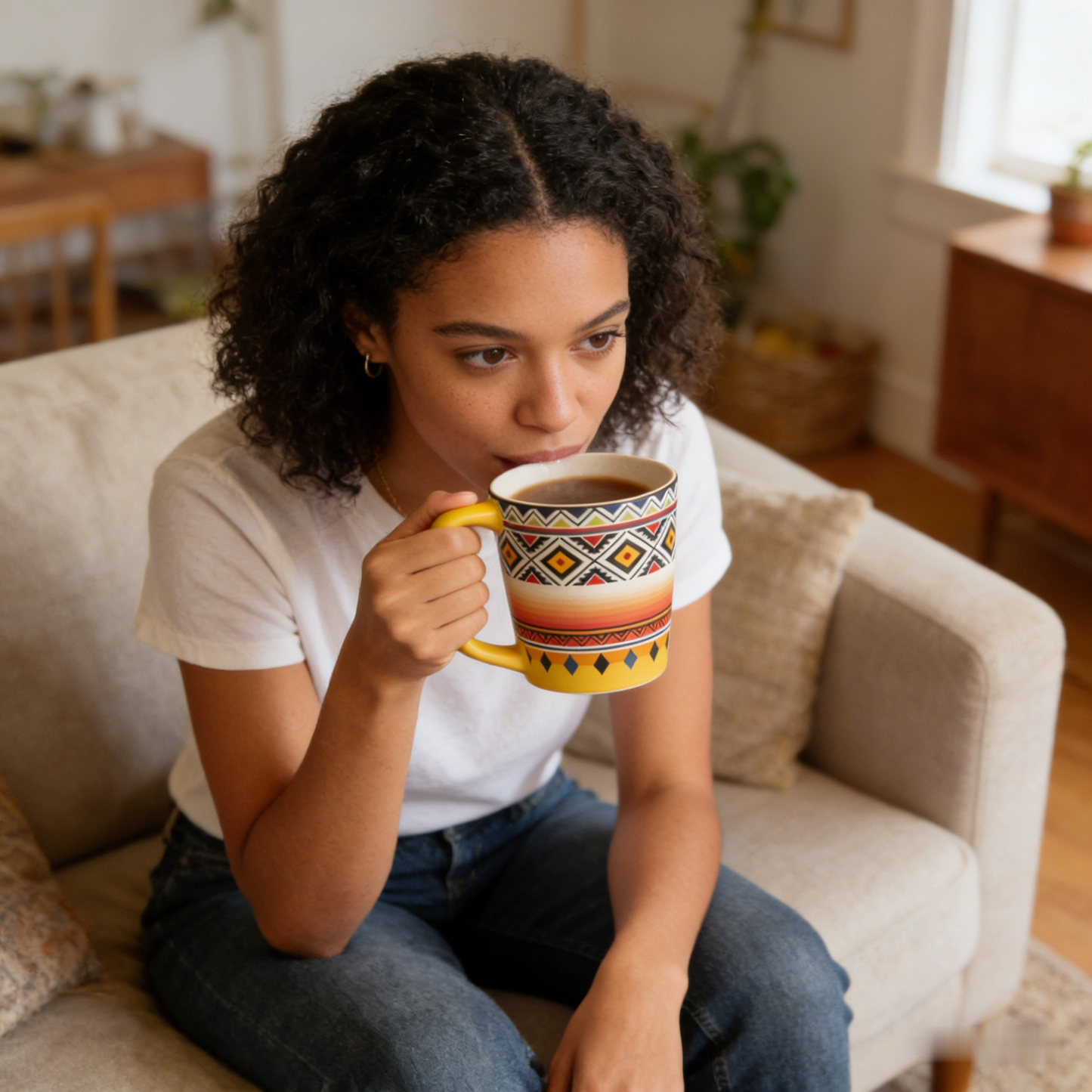 ☀️ “Bohemian Sunset Tribal Mug” – 16 Hours Artisan Stamping | Ethnic Pattern Lattice × Warm Amber Gradients × Ergonomic Yellow Handle 🏜️✨