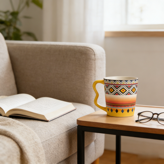 ☀️ “Bohemian Sunset Tribal Mug” – 16 Hours Artisan Stamping | Ethnic Pattern Lattice × Warm Amber Gradients × Ergonomic Yellow Handle 🏜️✨