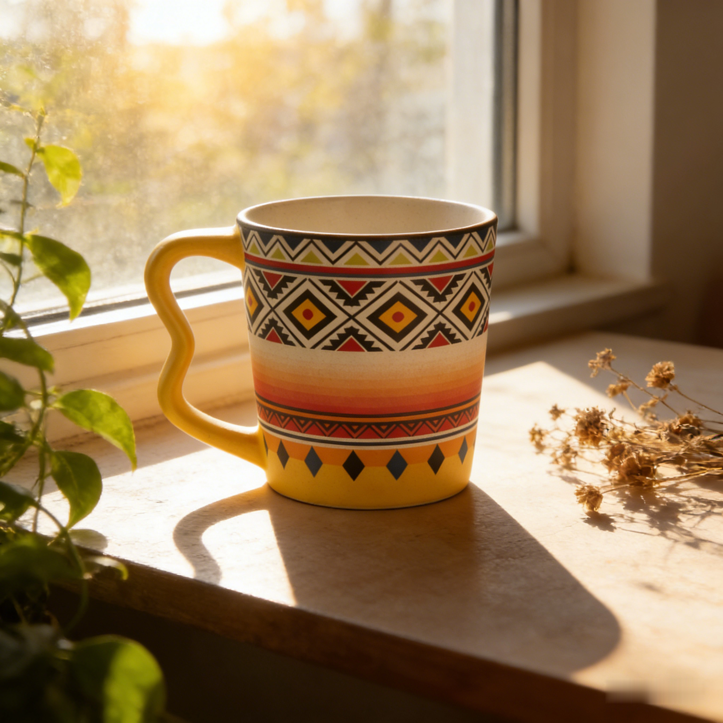☀️ “Bohemian Sunset Tribal Mug” – 16 Hours Artisan Stamping | Ethnic Pattern Lattice × Warm Amber Gradients × Ergonomic Yellow Handle 🏜️✨