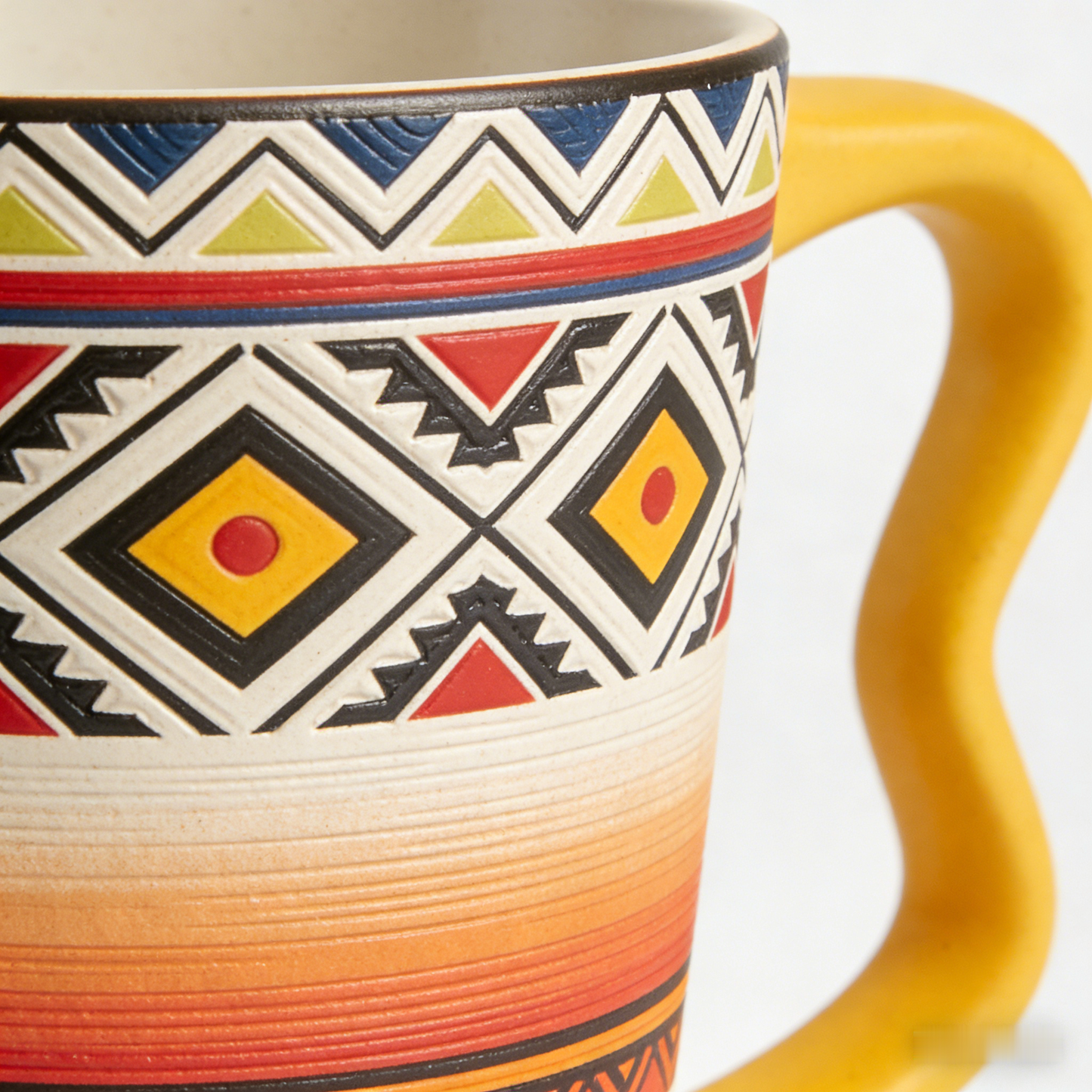 ☀️ “Bohemian Sunset Tribal Mug” – 16 Hours Artisan Stamping | Ethnic Pattern Lattice × Warm Amber Gradients × Ergonomic Yellow Handle 🏜️✨
