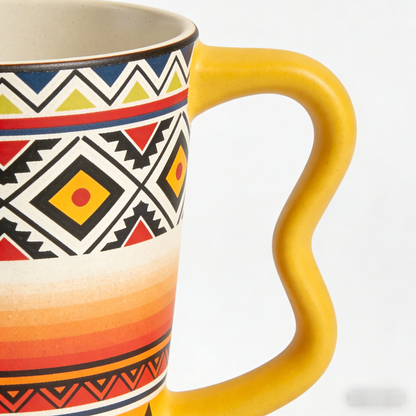 ☀️ “Bohemian Sunset Tribal Mug” – 16 Hours Artisan Stamping | Ethnic Pattern Lattice × Warm Amber Gradients × Ergonomic Yellow Handle 🏜️✨