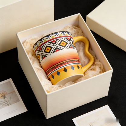 ☀️ “Bohemian Sunset Tribal Mug” – 16 Hours Artisan Stamping | Ethnic Pattern Lattice × Warm Amber Gradients × Ergonomic Yellow Handle 🏜️✨