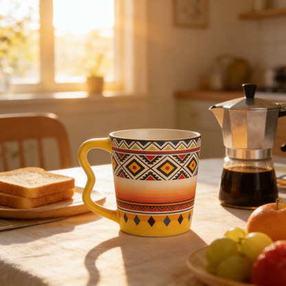 ☀️ “Bohemian Sunset Tribal Mug” – 16 Hours Artisan Stamping | Ethnic Pattern Lattice × Warm Amber Gradients × Ergonomic Yellow Handle 🏜️✨